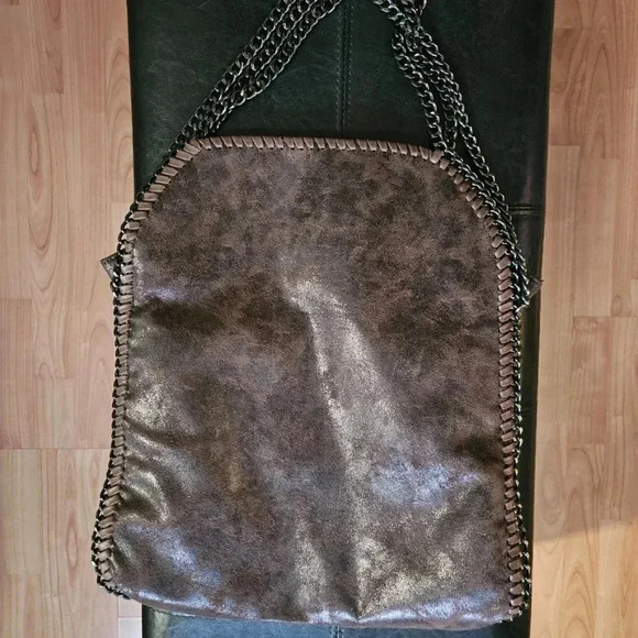 Designer Inpired Brown Suede Like with Black Gun Metal Chains Shouler Bag - Picture 10 of 16